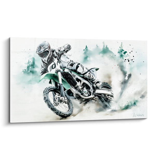 Tableau Motard vert et blanc en pleine glisse - Glisse en pleine action - Edition Moto cross