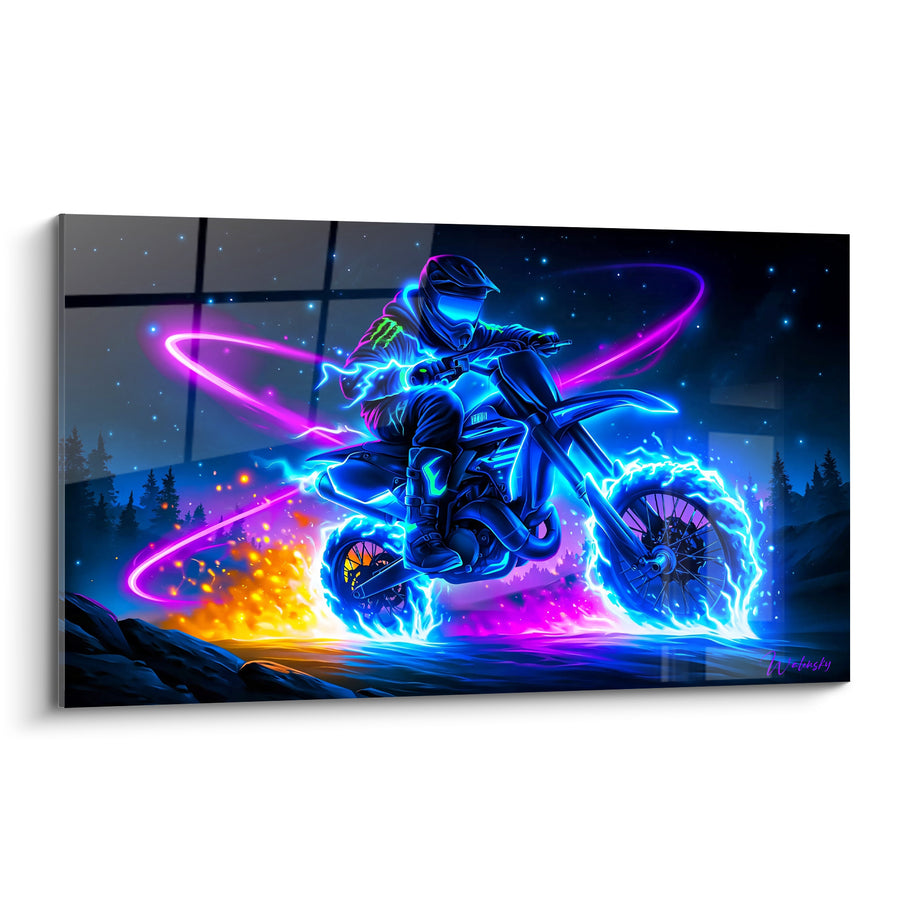 Tableau Motard bleu et violet aux roues enflammées - Fusion nocturne - Edition Moto cross