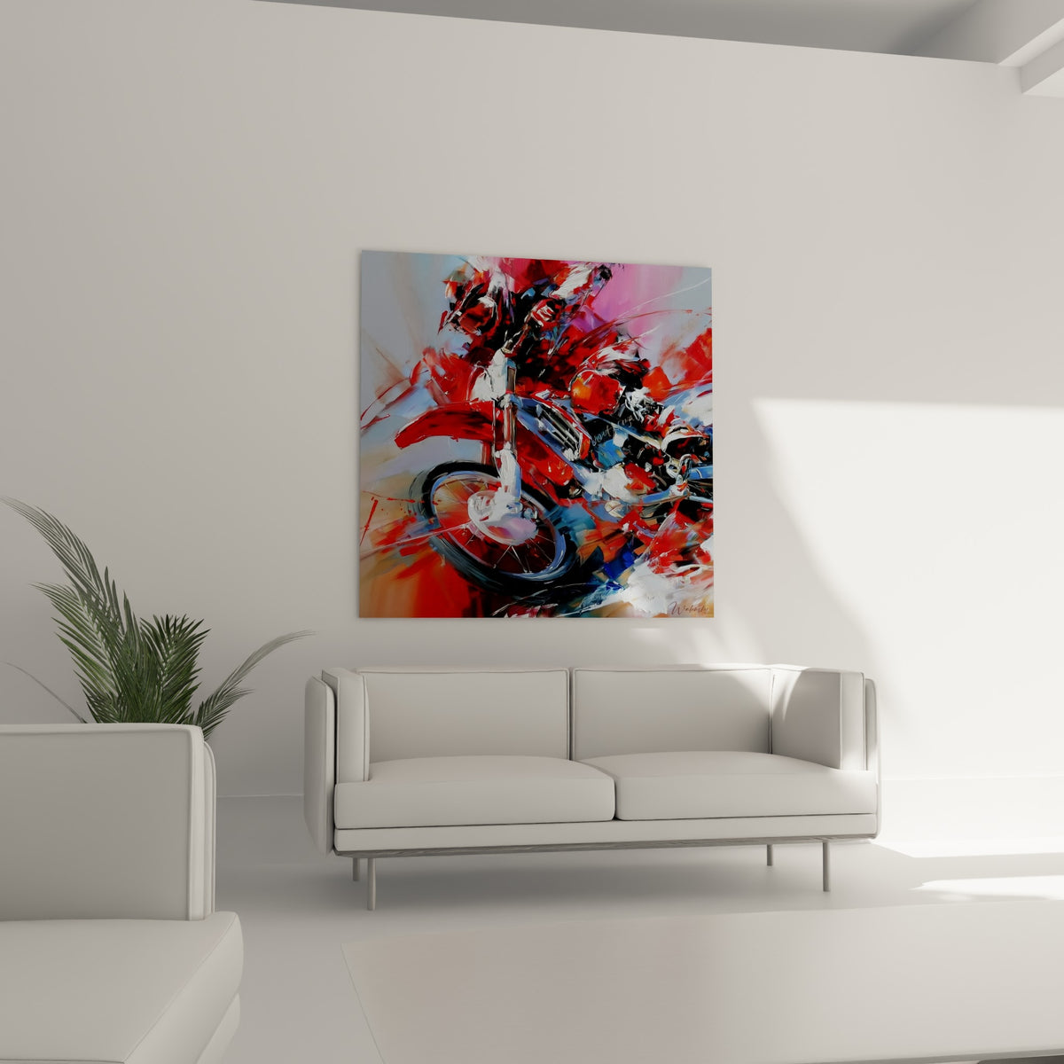 Course de moto cross aux teintes rouge et orange, disposée au-dessus d'un canapé dans un salon lumineux