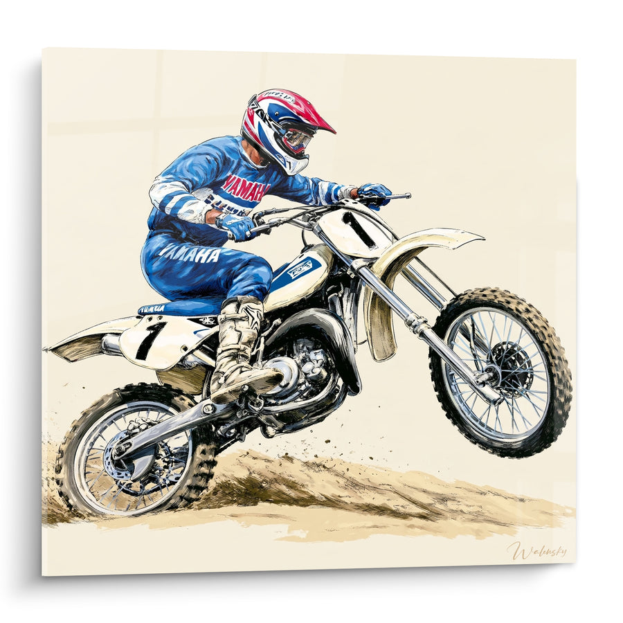 Tableau Motocycliste bleu et ivoire sur terre battue - Franchissement en terre - Edition Moto cross