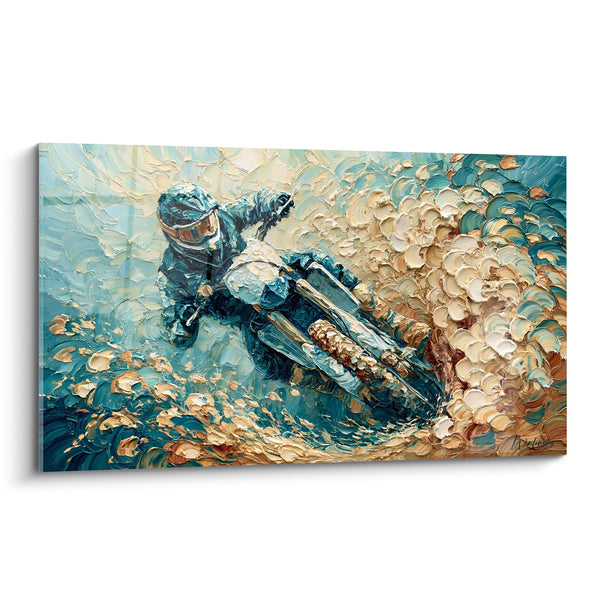 Tableau Pilote en virage bleu et doré - Vertige de la courbe - Edition Moto cross