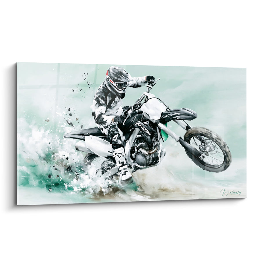 Tableau Pilote gris et blanc en dérapage - Dérapage contrôlé - Edition Moto cross