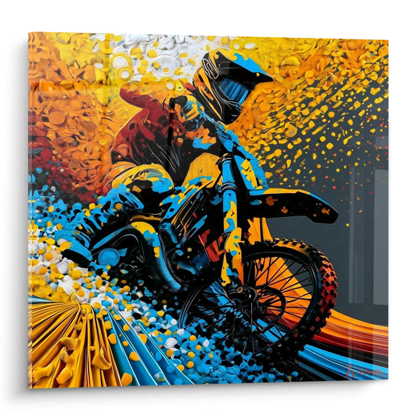 Tableau Pilote moto jaune et bleu éclaboussé - Éclaboussure en plein saut - Edition Moto cross