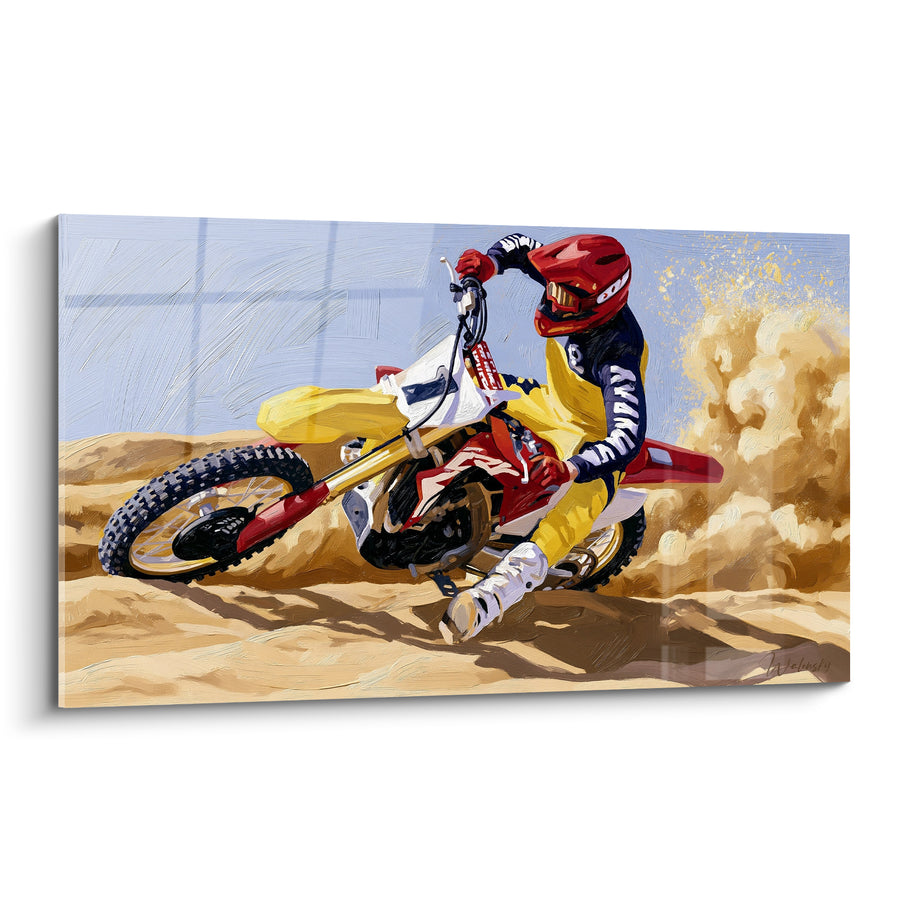 Tableau Motocycliste jaune et rouge en virage serré - Casque intégral rouge - Edition Moto cross