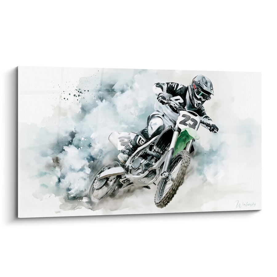 Tableau Motocycliste numéro 23 vert et blanc - Course en suspens - Edition Moto cross