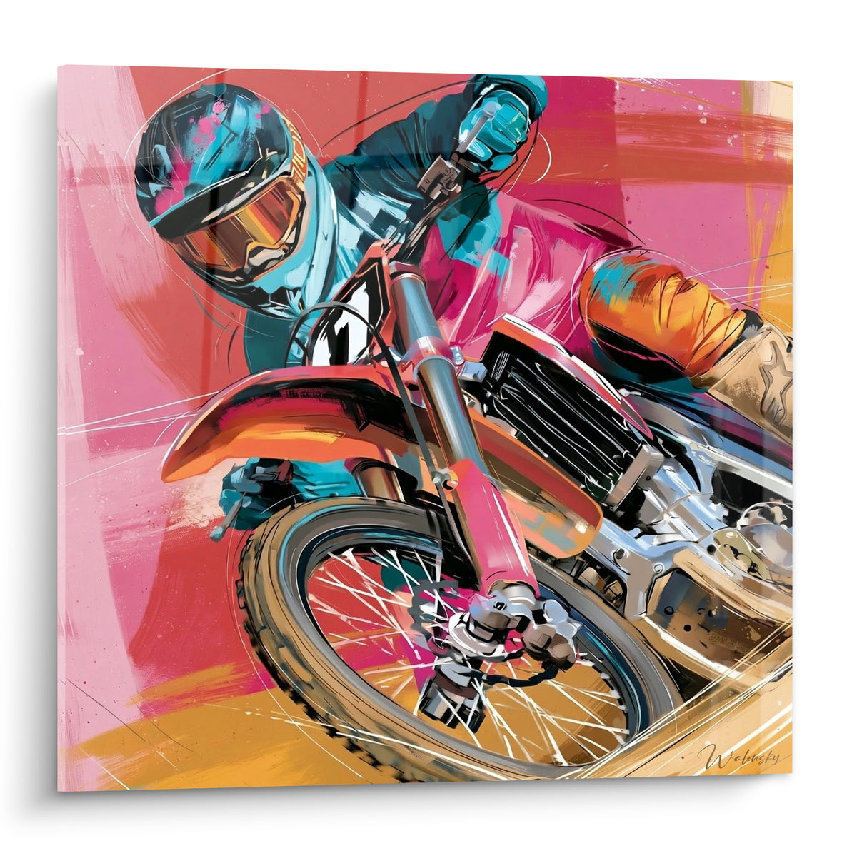 Pilote de moto cross casqué turquoise et rose penché dans un virage serré, peinture dynamique