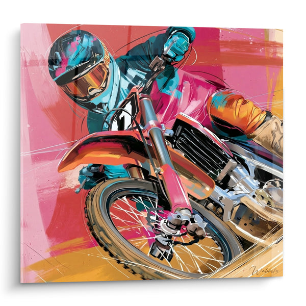 Tableau Pilote casqué rose et turquoise en action - Montée d'adrénaline - Edition Moto cross