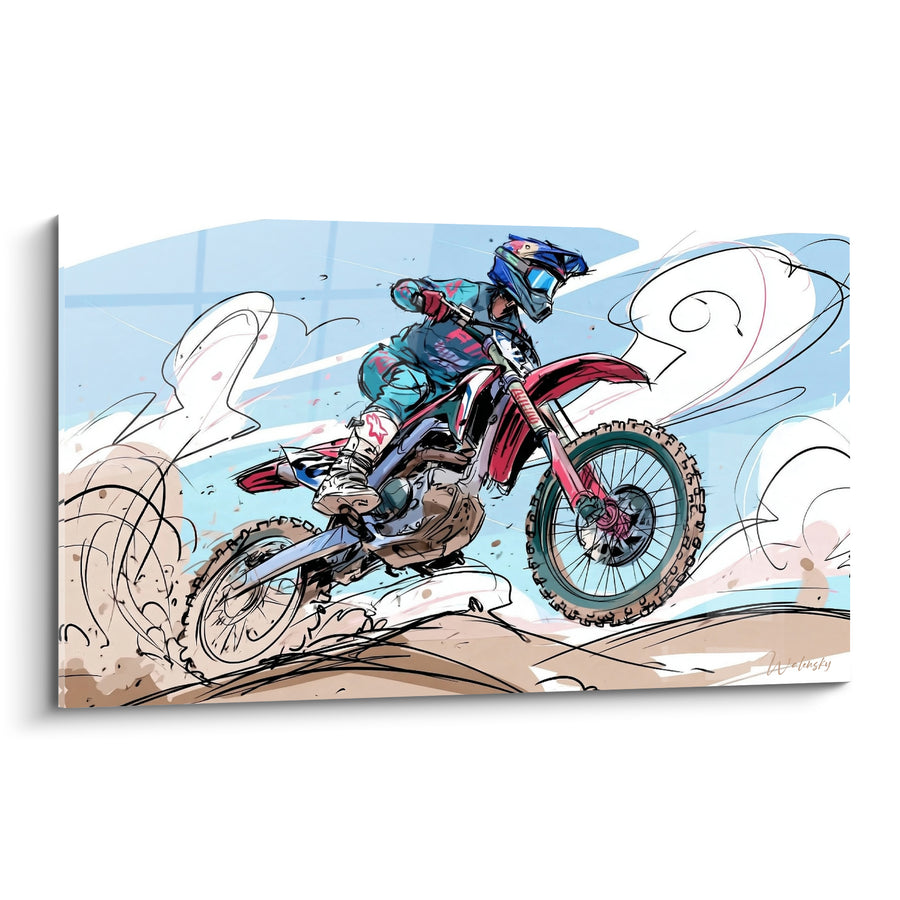 Tableau Motard bordeaux et bleu sur terre battue - Envol sur la piste - Edition Moto cross