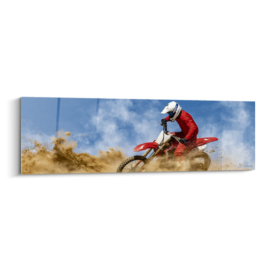 Tableau Motocycliste rouge et blanc sous ciel dégagé - Gerbe de sable dorée - Edition Moto cross