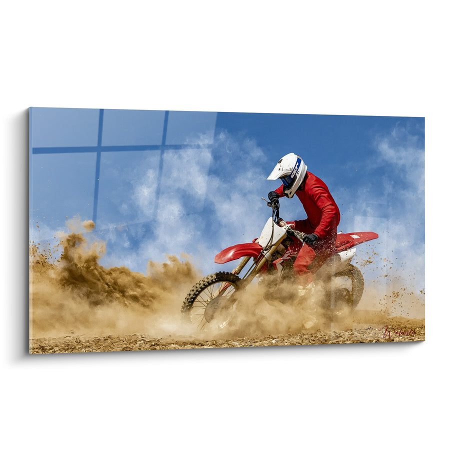 Tableau Motocycliste rouge et blanc sous ciel bleu - Gerbe de terre - Edition Moto cross