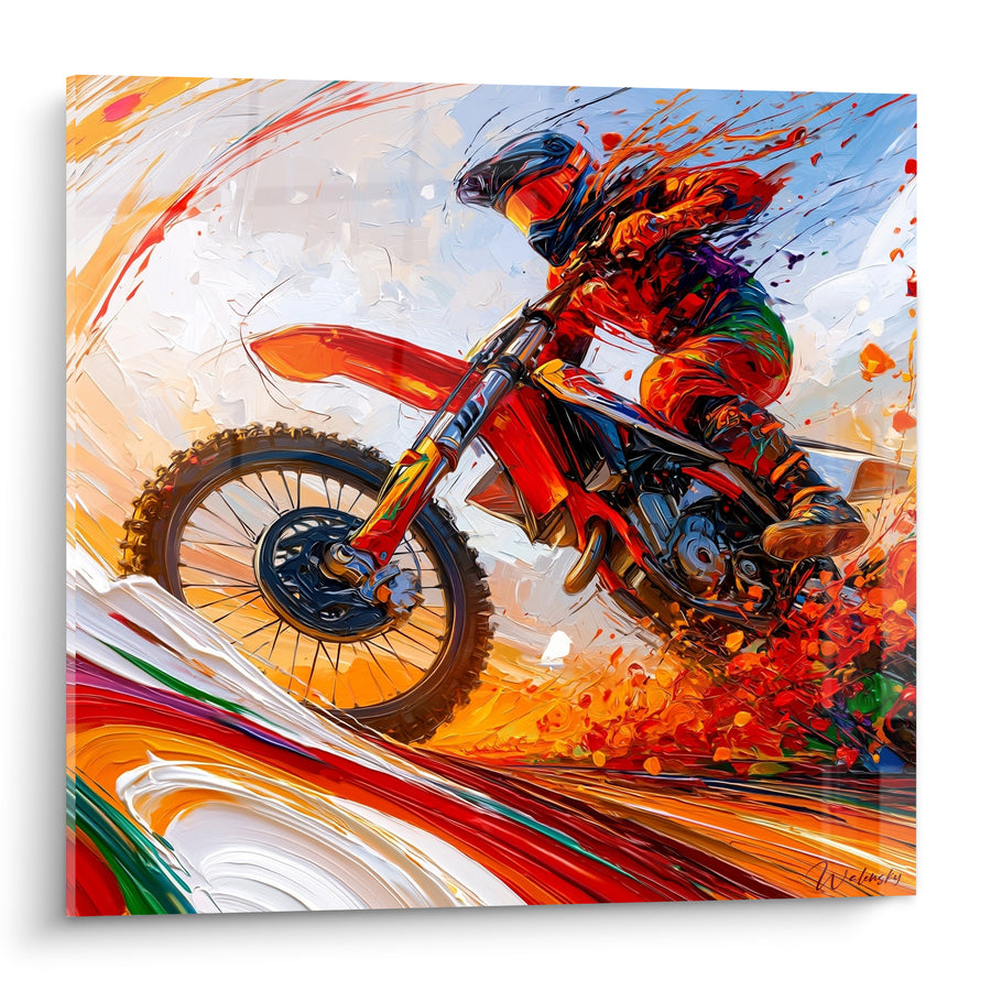 Tableau Motard rouge et orange en pleine action - Adrénaline pure - Edition Moto cross