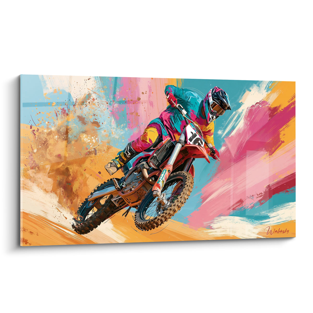 Pilote incliné en virage sur ce tableau moto cross rose, turquoise et ocre éclatant