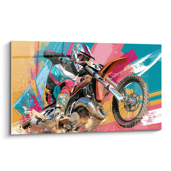 Tableau Motocycliste rose et sarcelle en appui incliné - Fourche chromée éclatante - Edition Moto cross
