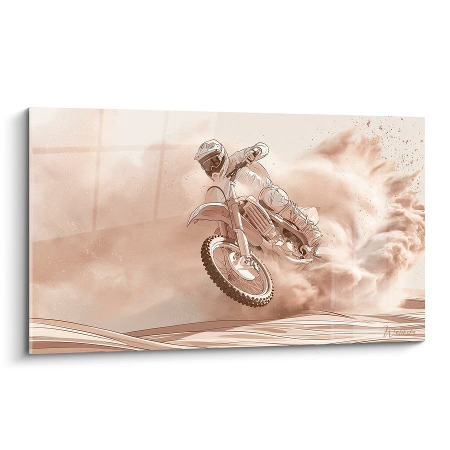 Tableau Motocycliste beige et sable dans un nuage de poussière - Envolée poudreuse - Edition Moto cross