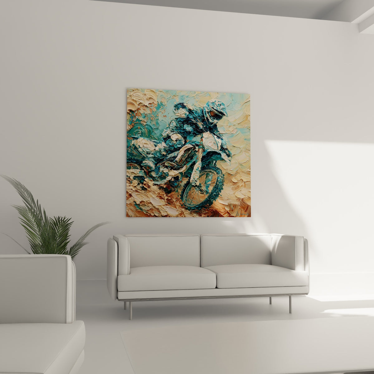 Course de motocross en relief bleu sarcelle et crème au-dessus d'un canapé dans un salon lumineux