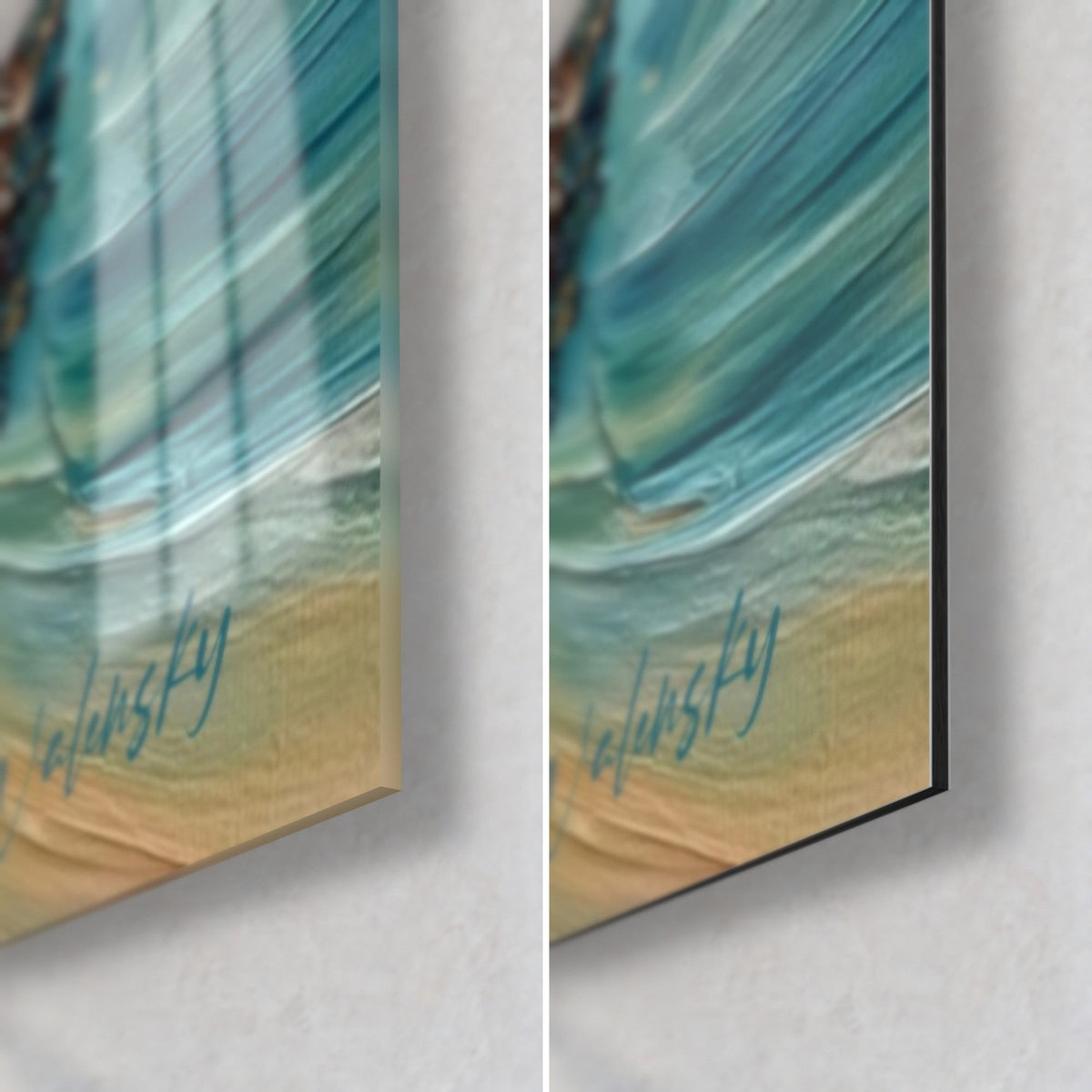 Schilderij motorcrossrijder in volle vlucht, rechterbenedenhoek: glanzend acrylglas links, mat Dibond-aluminium rechts, rand van 3 mm