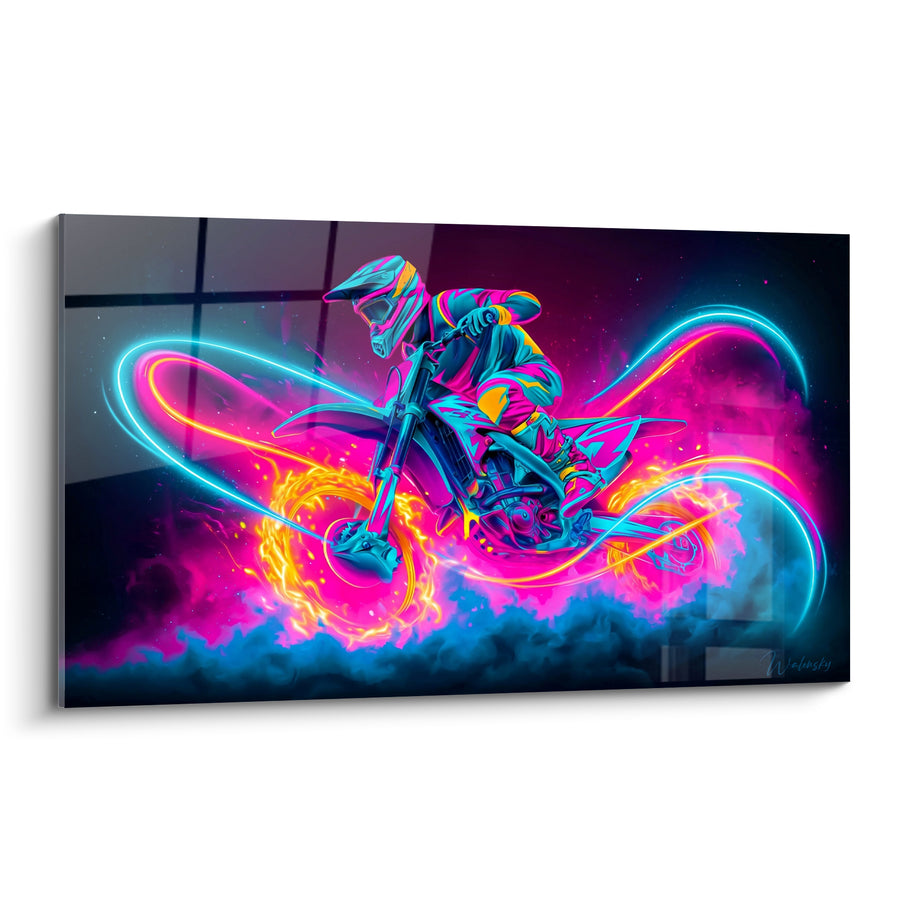 Tableau Pilote fluo aux traînées de flammes bleues - Trajectoire électrique - Edition Moto cross