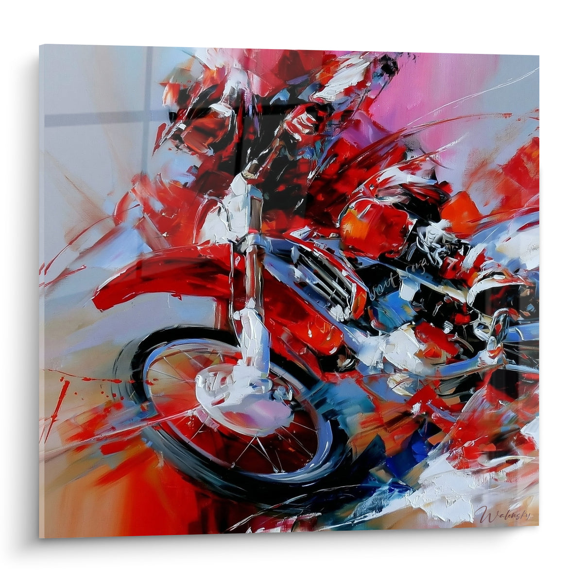 Moto cross rouge et blanche en pleine accélération, peinture au couteau texturée et vive