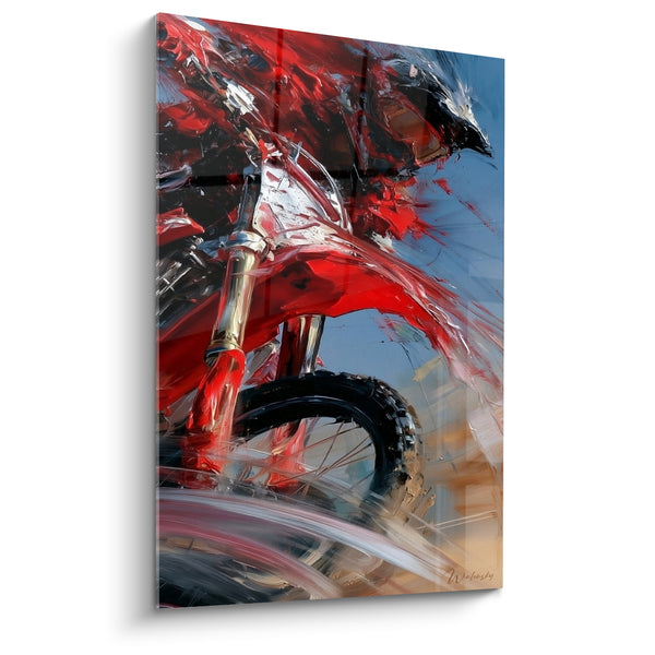 Tableau Moto rouge et bleu vue rapprochée sur fourche - Gros plan sur roue - Edition Moto cross