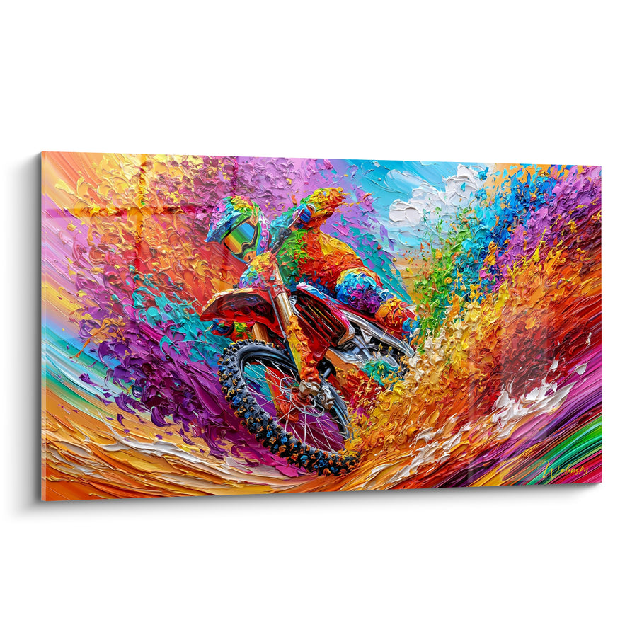 Tableau Motard rouge et violet en pleine glisse - Envolée chromatique - Edition Moto cross