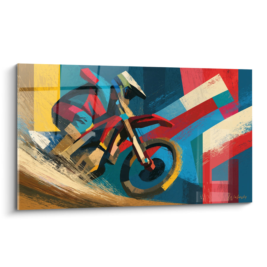 Tableau Motard rouge et bleu en virage géométrique - Virage à pleine allure - Edition Moto cross