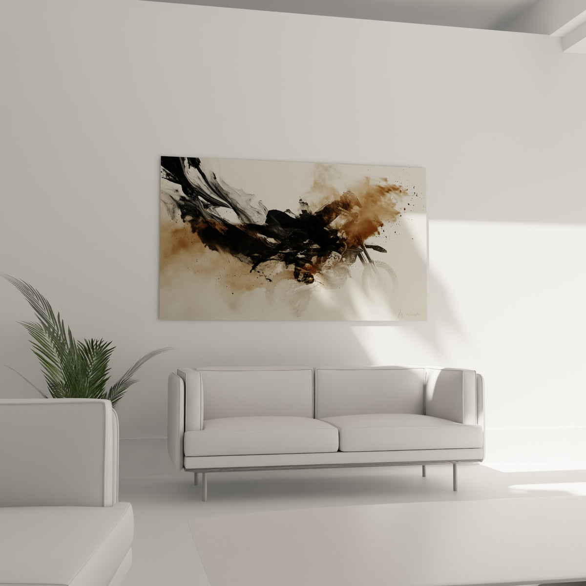 Silhouette moto cross noire et ocre en explosion picturale, au-dessus d'un canapé dans un salon lumineux
