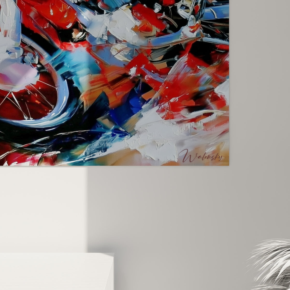 Empâtements rouges et blancs du tableau moto cross révélant la matière épaisse et les coulures de peinture