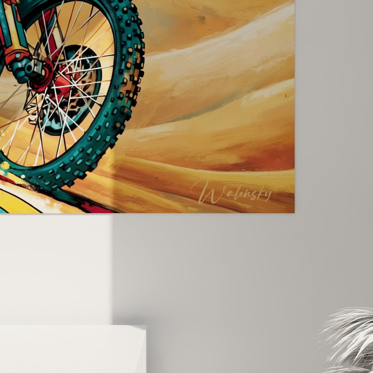 Empâtements colorés turquoise, rouge et doré formant la vague stylisée entourant la moto cross