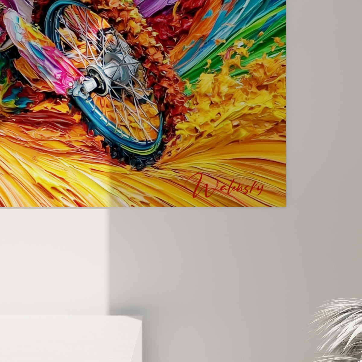 Empâtements épais de peinture orange, violette et turquoise formant les tourbillons du virage moto cross