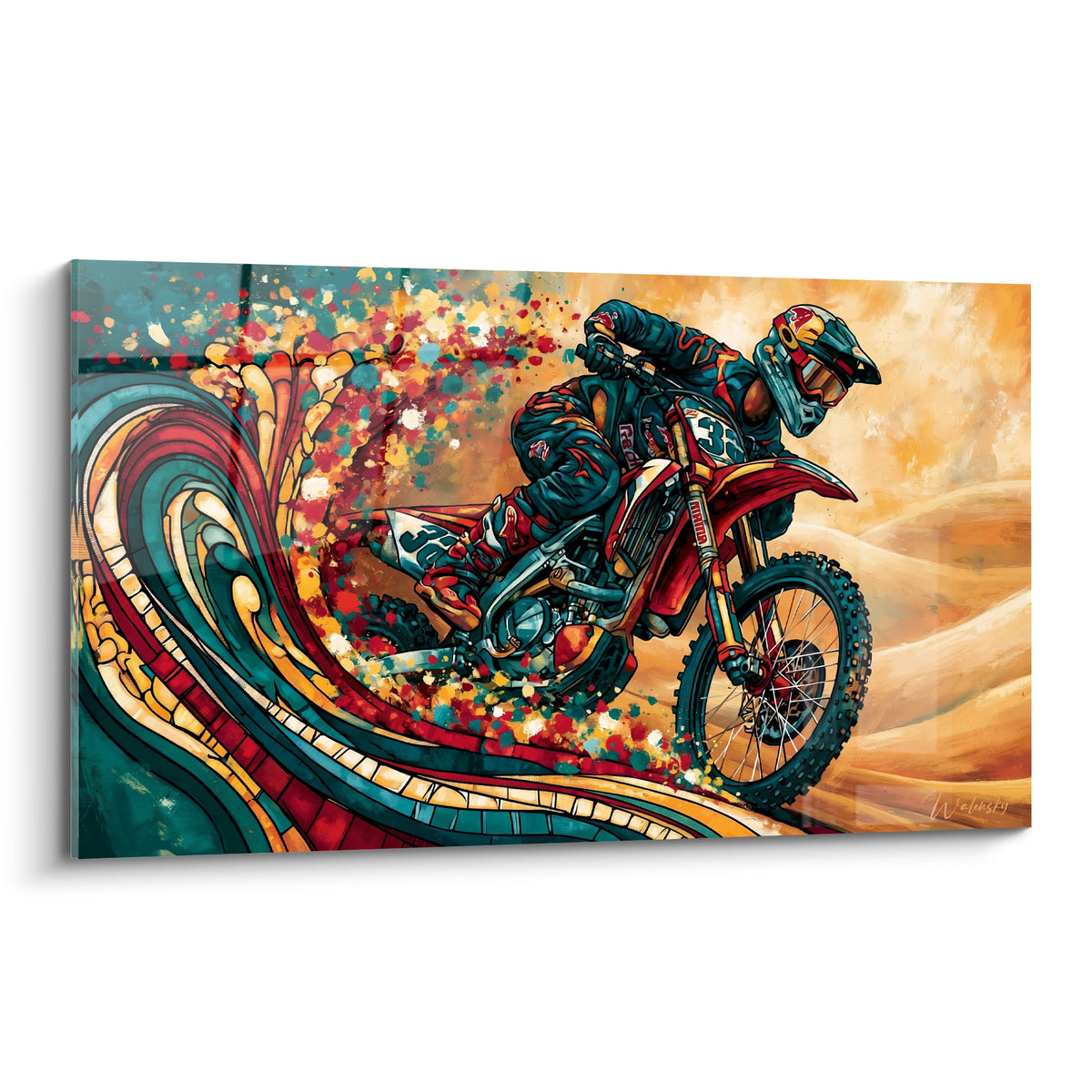 Motard moto cross rouge et bleu pétrole surgissant d'une vague turquoise et ocre peinte