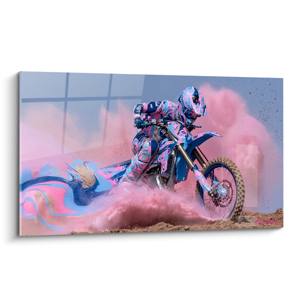 Tableau Motard bleu et rose en virage - Vague de poussière - Edition Moto cross