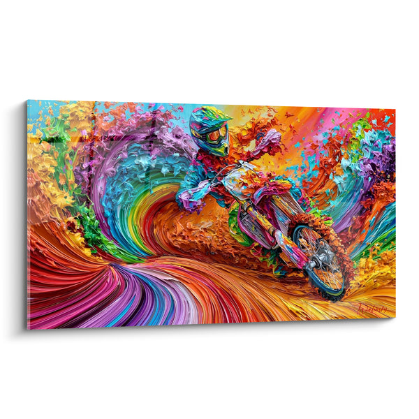 Tableau Motard en virage aux tourbillons orange et violets - Vertige de vitesse - Edition Moto cross