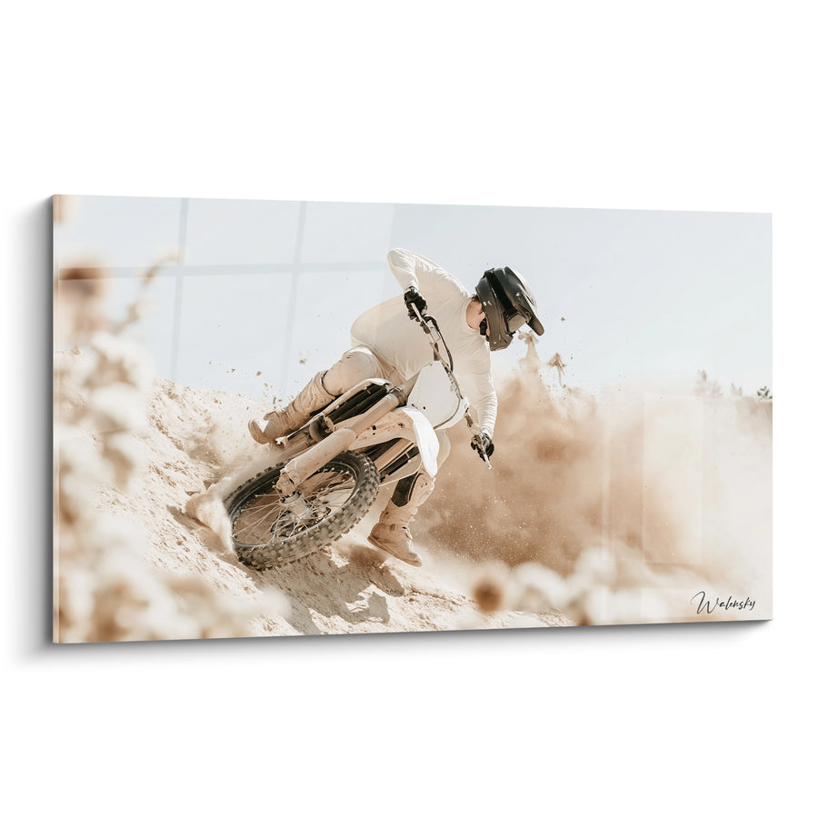 Tableau Motocycliste blanc et sable en virage - Virage à pleine vitesse - Edition Moto cross
