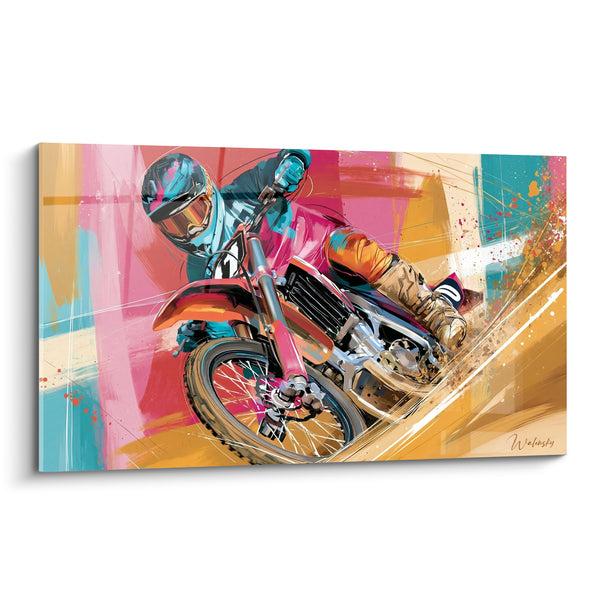 Tableau Motard rose et turquoise en virage penché - Gants beiges sur guidon - Edition Moto cross