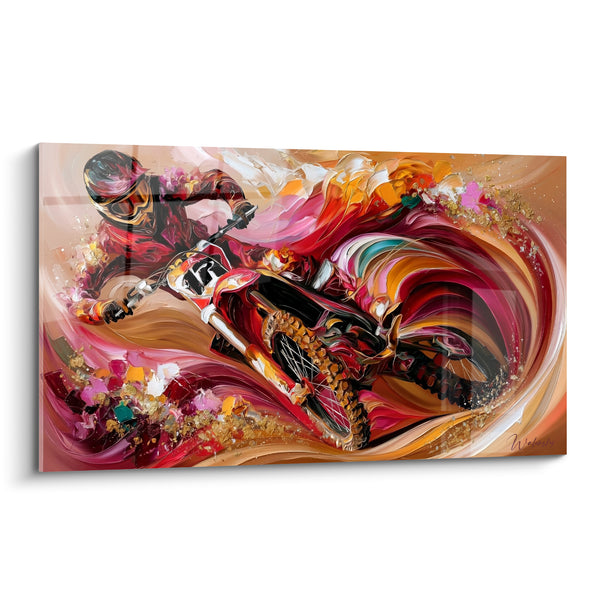 Tableau Motard rouge et doré en virage - Vertige de la vitesse - Edition Moto cross