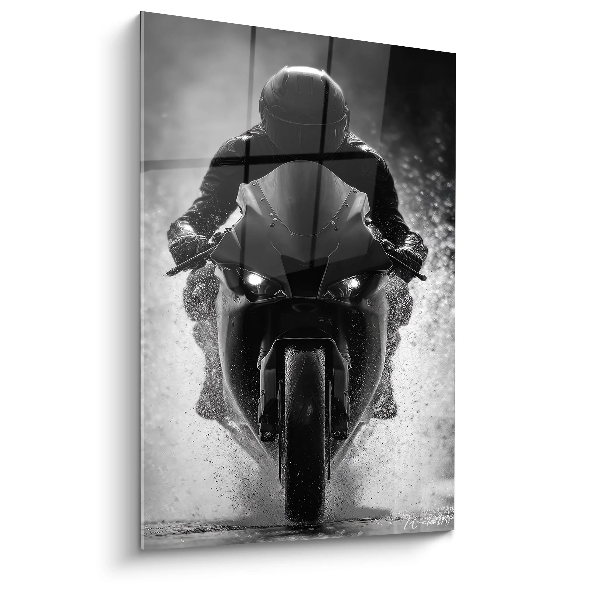 Tableau noir et blanc moto sportive en mouvement avec pilote penché, art moderne sports mécaniques