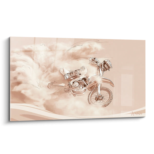 Tableau Motocross beige et blanc en plein saut - Envol poussiéreux - Edition Moto cross