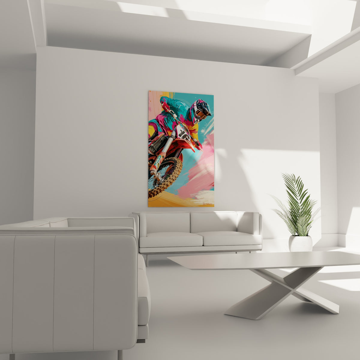 Casque graphique rose et turquoise du pilote, roue crantée détaillée, au-dessus d'un canapé dans un salon lumineux