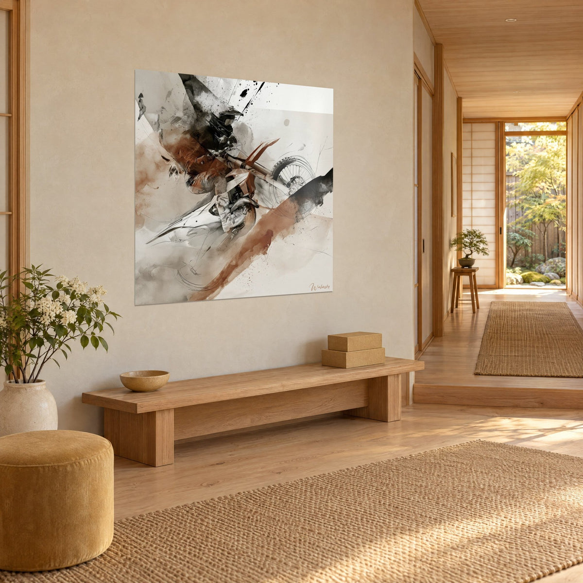 Tableau moto tout-terrain suspendue en l'air, taches noires et traînée brun rouille sur fond crème, face à un couloir japandi