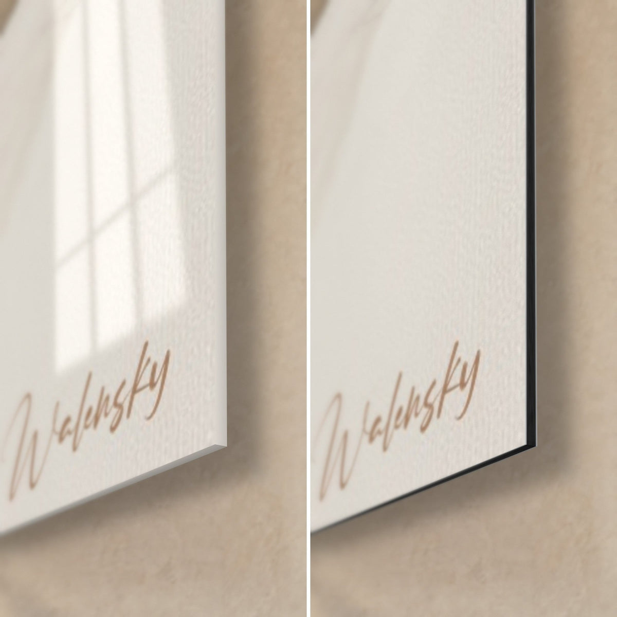 Tableau motard casqué, coin bas droit : signature Walensky cuivrée, verre acrylique brillant et reflets, Dibond mat noir, tranche 3 mm