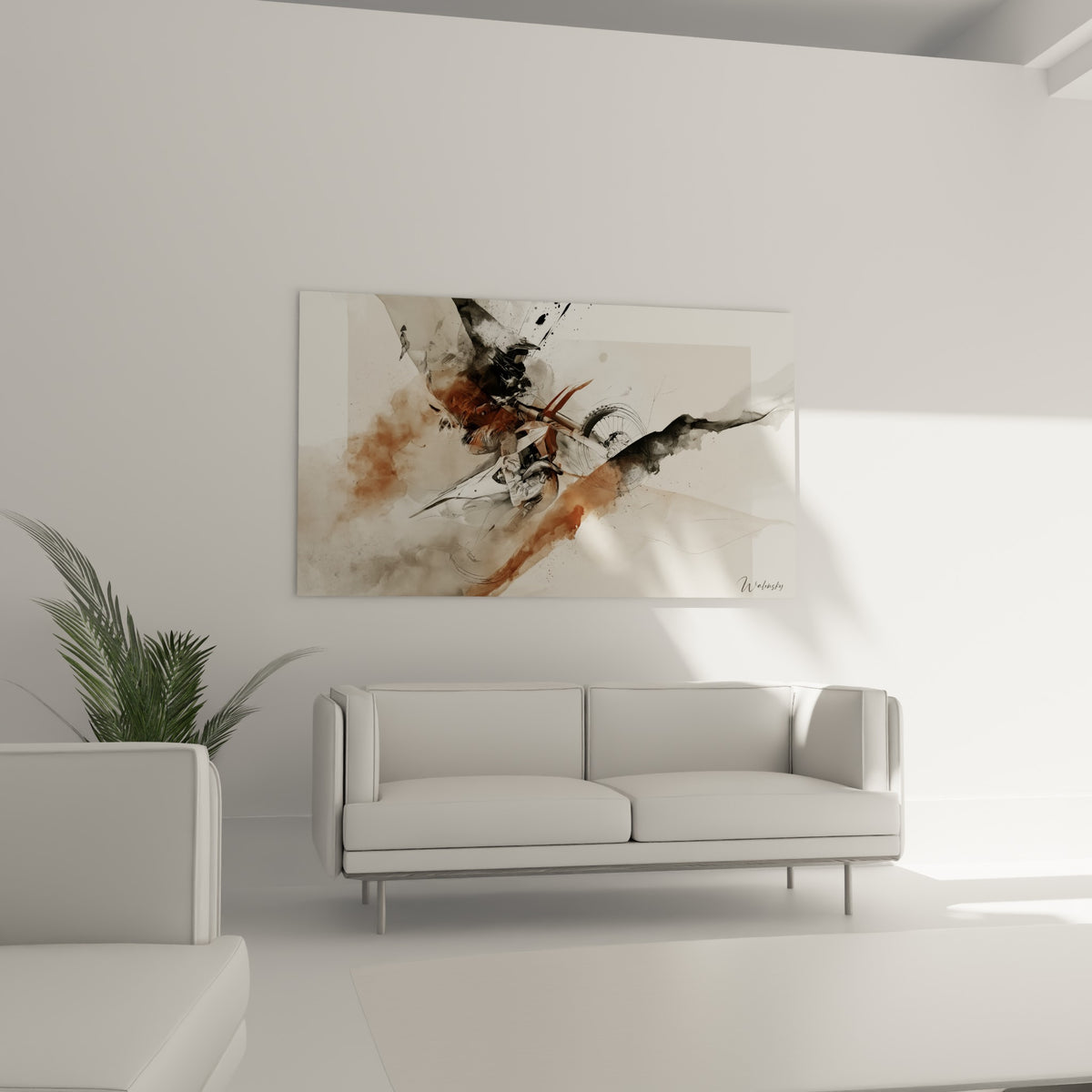 Scène de motocross à l'encre anthracite et terracotta, au-dessus d'un canapé dans un salon lumineux