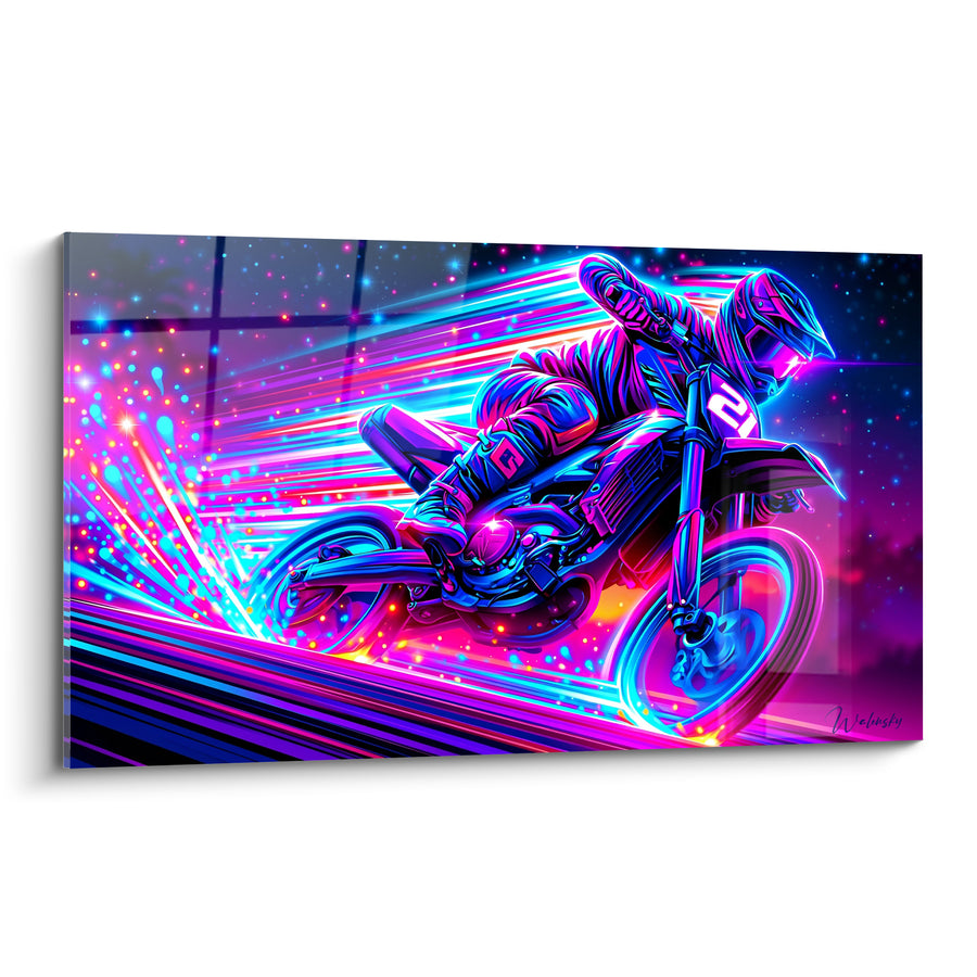 Tableau Motard aux traînées roses et cyan - Décharge nocturne - Edition Moto cross