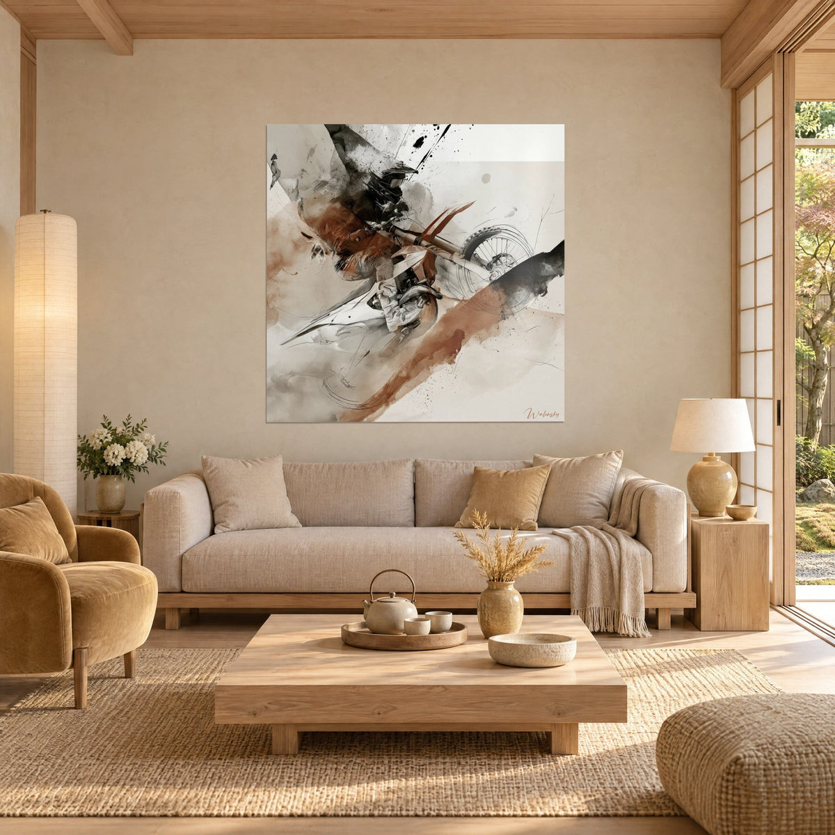 Tableau pilote de motocross en plein saut, ocre roux et anthracite, traits d'esquisse, au-dessus d'un canapé dans un salon lumineux