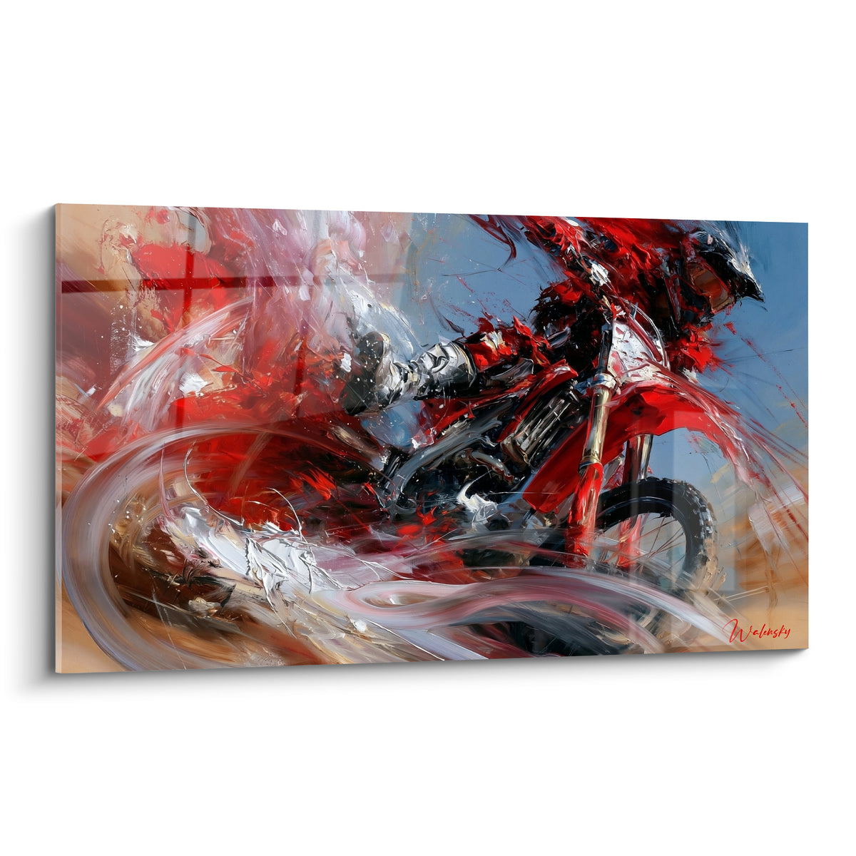 Motocross rouge et blanc figé en plein virage sur fond bleu pastel et terracotta