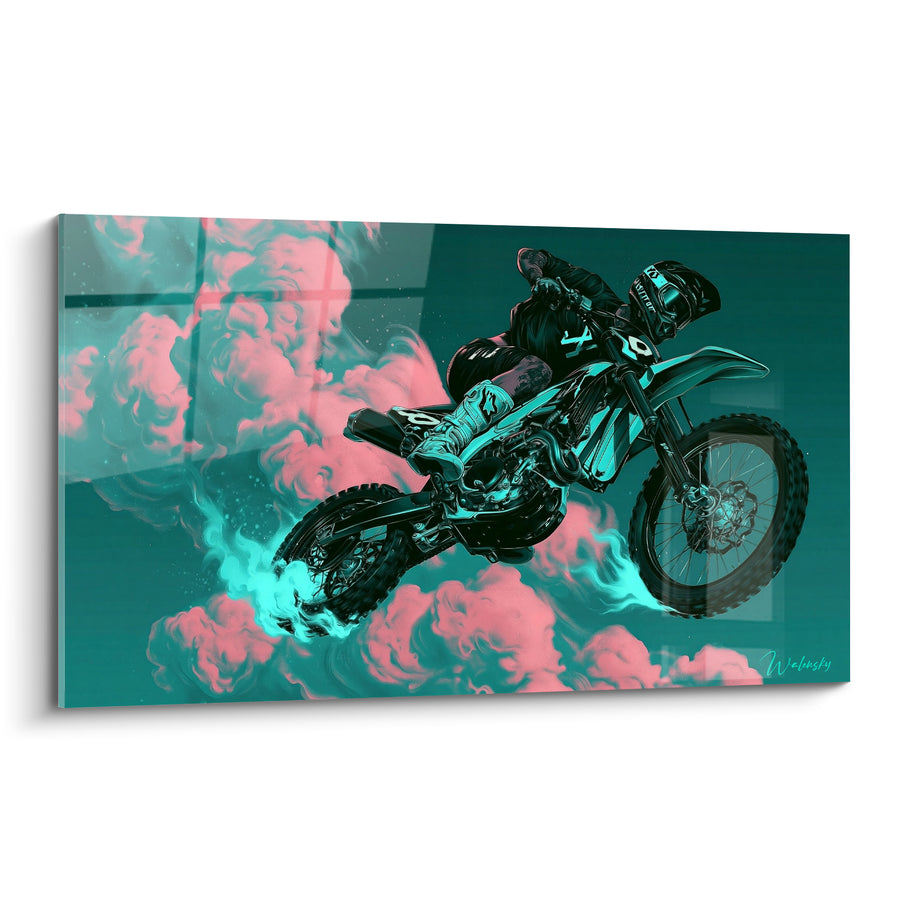 Tableau Motard noir et turquoise dans des nuages roses - Flammes turquoise aux roues - Edition Moto cross