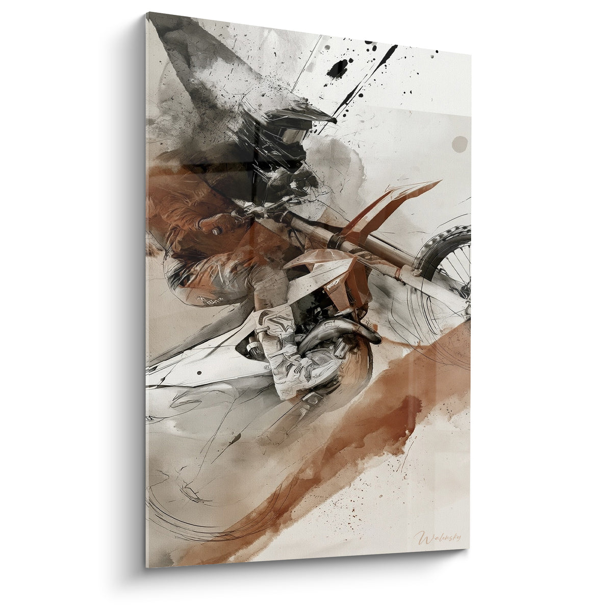 Pilote de motocross terracotta et gris penché sur sa machine dans une explosion d'encre projetée