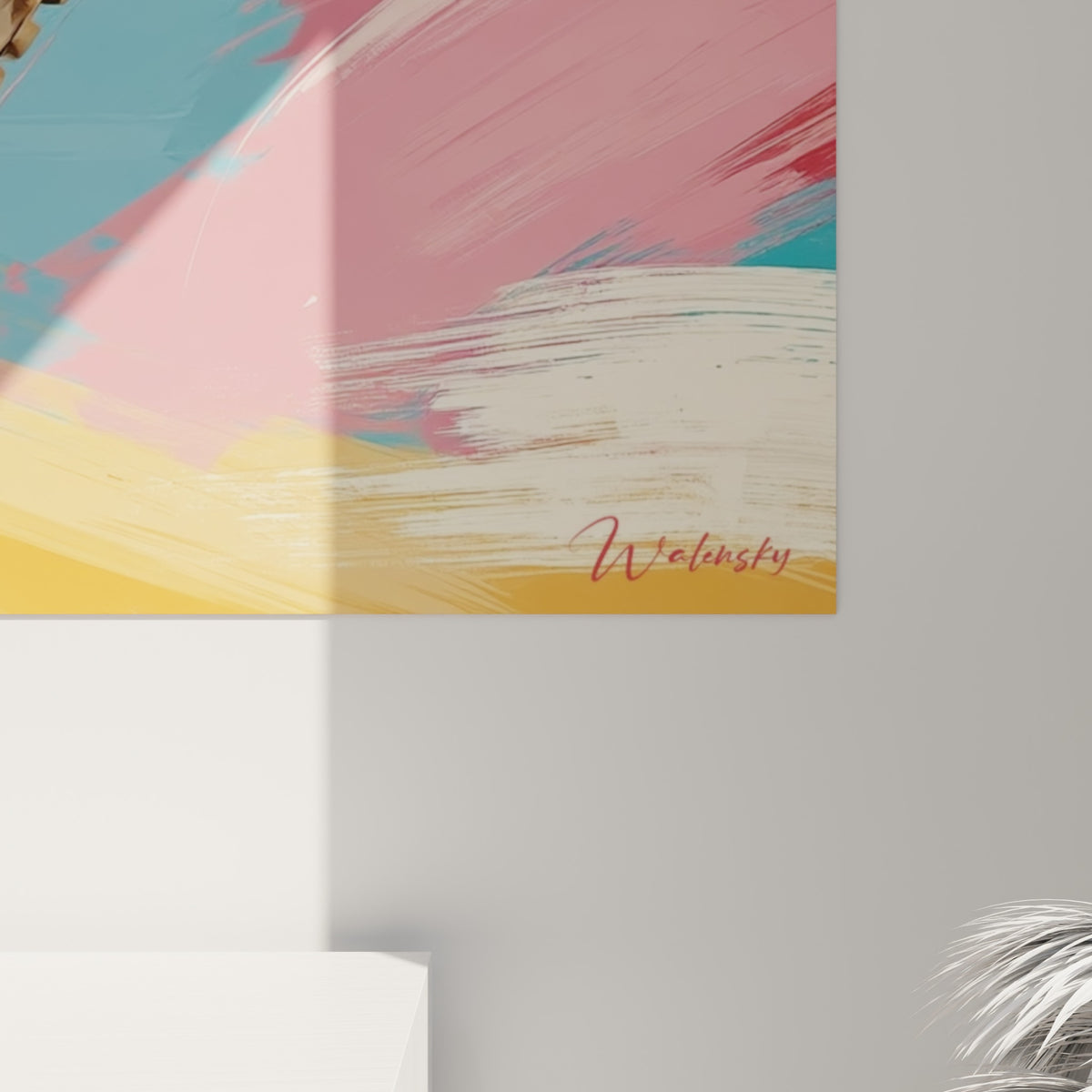 Empâtements de peinture turquoise et rose se mêlant à la texture crantée du pneu, coulures visibles sur la toile