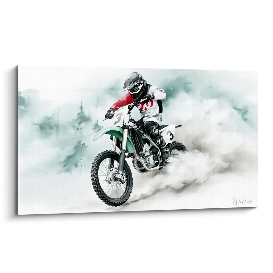 Tableau Motard rouge et vert dans la brume - Sapins givrés en arrière-plan - Edition Moto cross