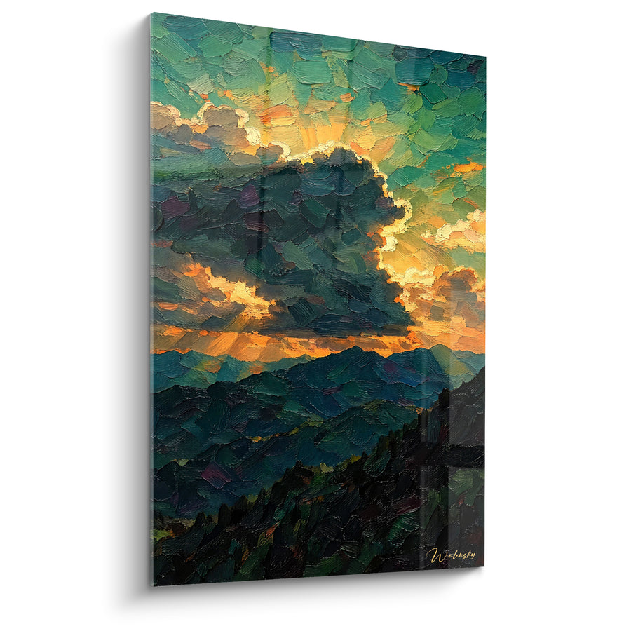 Tableau Coucher de soleil sur montagnes dorées et sarcelle - Lumière du soir - Edition Mottarone Piémont Italie