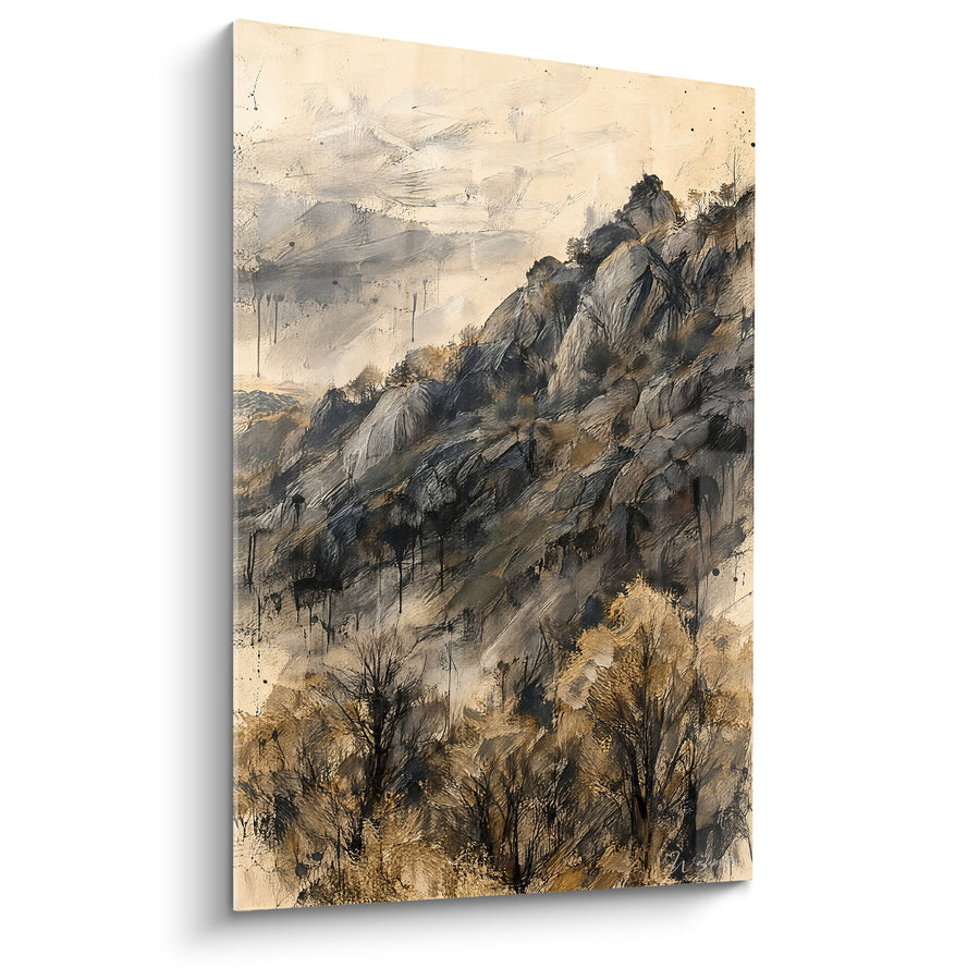 Tableau Montagne rocheuse aux teintes grises et ocre - Brume des sommets - Edition Mottarone Piémont Italie